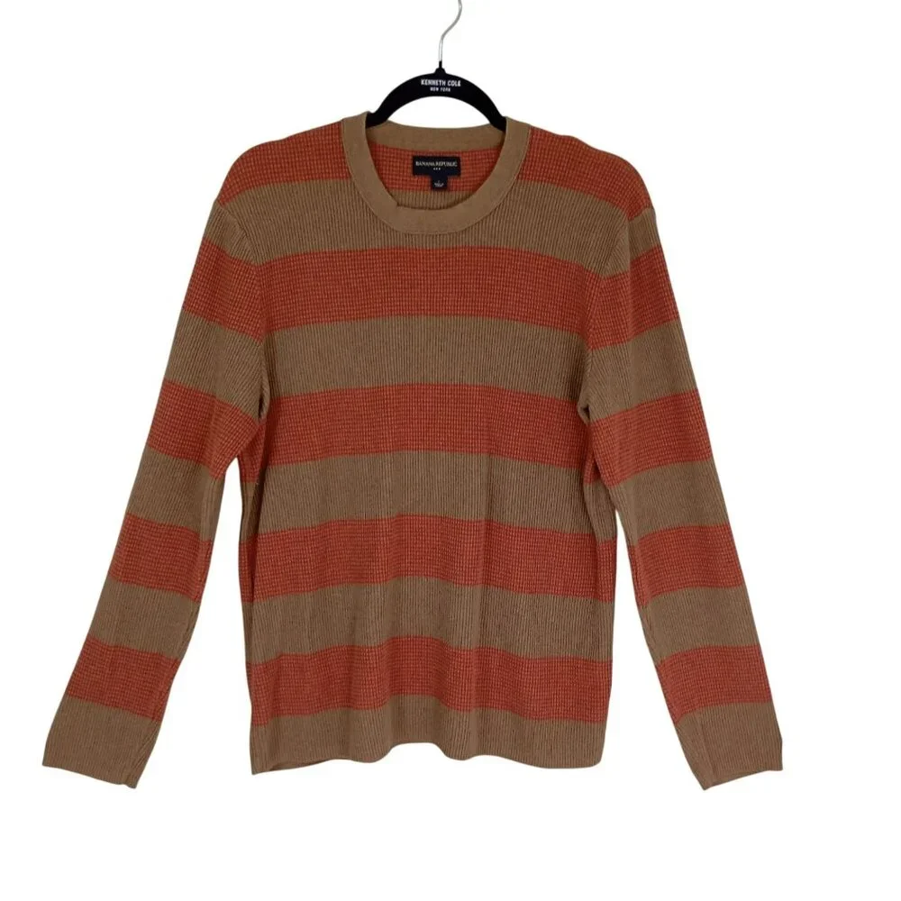 Banana Republic Sweater Mens Striped L Brown & Red 100% Cotton Crewneck